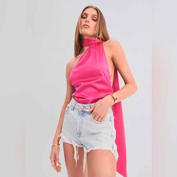 Ser.O.Ya Hot Pink OmniNEW Wrap Cowl Silk Halter Neck Scarf Crop Top